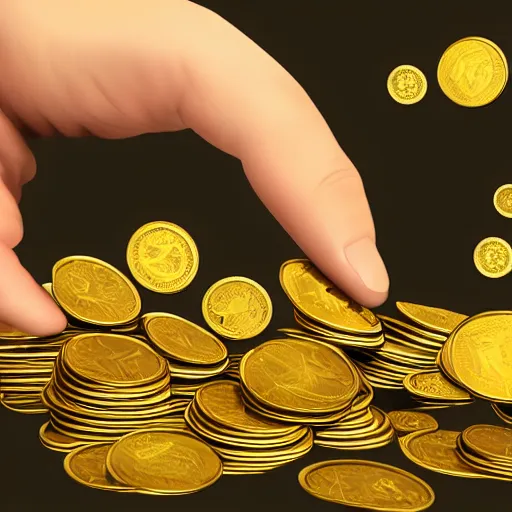 Prompt: Closeup shot of ethereal golden coins floating above an open hand, digital illustration