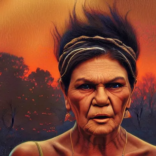 Prompt: pauline hanson burning ancient aboriginal land and rights, highly detailed painting extremely beautiful and aesthetic and detailed, with familiar sprites, chiaroscuro, intricate, masterpiece, fantasy illustrations by ilya kuvshinov and jeremy lipking and quentin mabille
