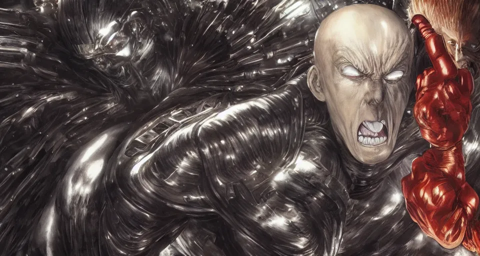 Image similar to one punch man vs donald trump by h. r. giger and greg rutkowski - elden ring