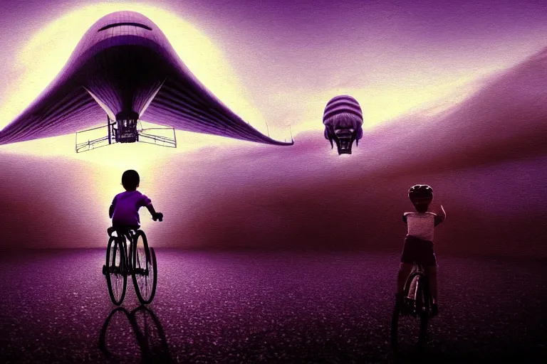 Prompt: kid rides a bicycle waving good bye to the airship at sunset, in the style of giger, intricate and epic composition, purple by caravaggio, insanely quality, highly detailed, masterpiece, purple light, artstation, 4 k