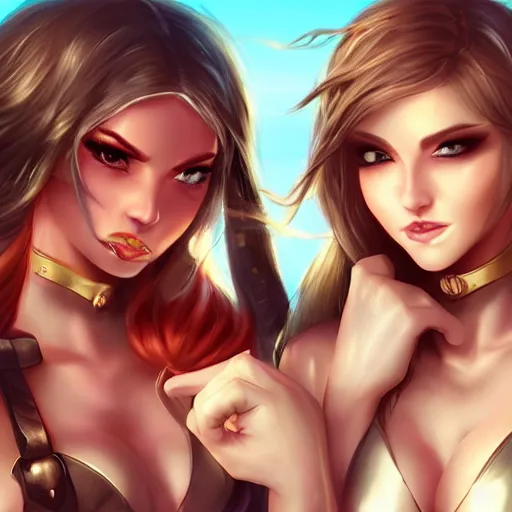 Prompt: two very beautiful female barbarians, smiling, flirty, eye contact, perfect face, perfect body, drawn by artgerm
