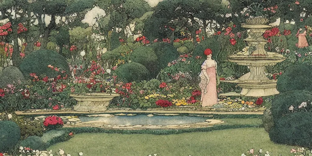 Prompt: a beatiful garden with fountain, extremely detailed, sharp focus, wide view, smooth, digital illustration, colorfull by edmund dulac
