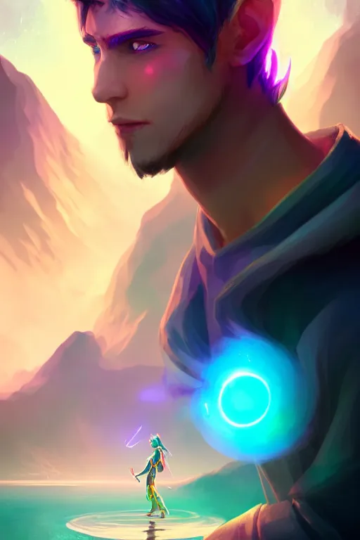 Image similar to a human elemental sorcerer, mountainous lake setting, colorful magic effects, white skin, portrait, male, clothed, sharp focus, digital art, concept art, trending on artstation, dynamic lighting, by emylie boivin and rossdraws