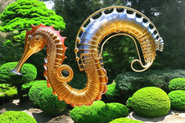 Image similar to a huge flock of many intricate elegant french horn tuba cloud seahorse sculptures, art nouveau japanese garden environment, soothing, milky way, award winning art, epic dreamlike fantasy landscape, ultra realistic,