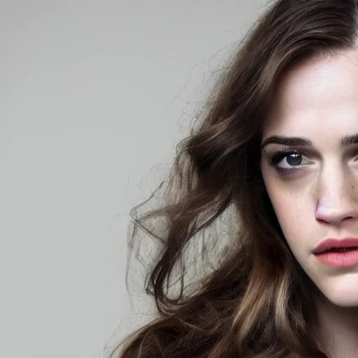 Image similar to a woman who is a genetic combination of kat dennings and emma watson face and upper - body focus