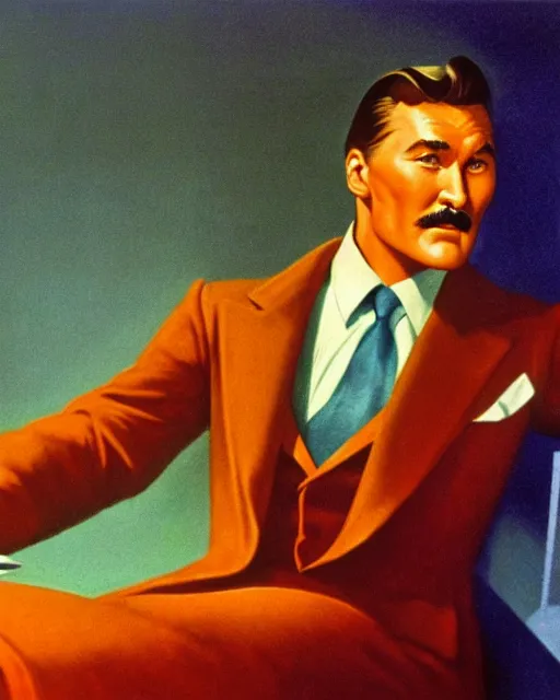 Image similar to Errol Flynn as a scientist. 1980s dystopian Soviet Russia, propaganda screens. Unreal engine, fantasy art by Edward Hopper. Faithfully depicted facial expression, perfect anatomy global illumination, radiant light, detailed and intricate environment