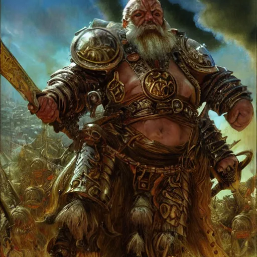 Prompt: art by donato giancola and bayard wu and gustav moreau and wayne barlowe, a fantasy cinematic close up shot of a dwarf berserker, warhammer, dnd, last stand