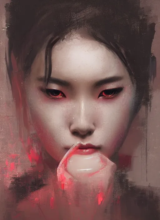 Image similar to female geisha girl, beautiful face, neon, rule of thirds, intricate outfit, spotlight, by greg rutkowski, by jeremy mann, digital painting