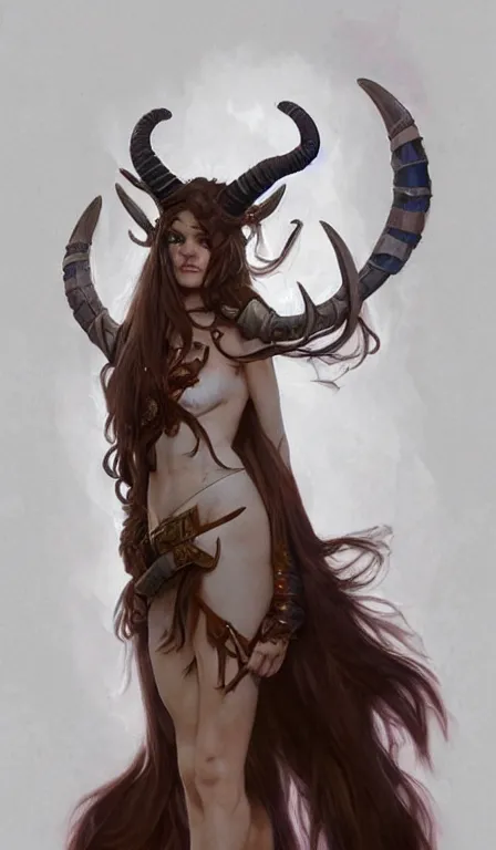 Image similar to cute Whimsical Tiefling Druid with cute horns , light-brown skin, D&D, fantasy, portrait, highly detailed, digital painting, artstation, concept art, sharp focus, illustration, art by greg rutkowski and alphonse mucha