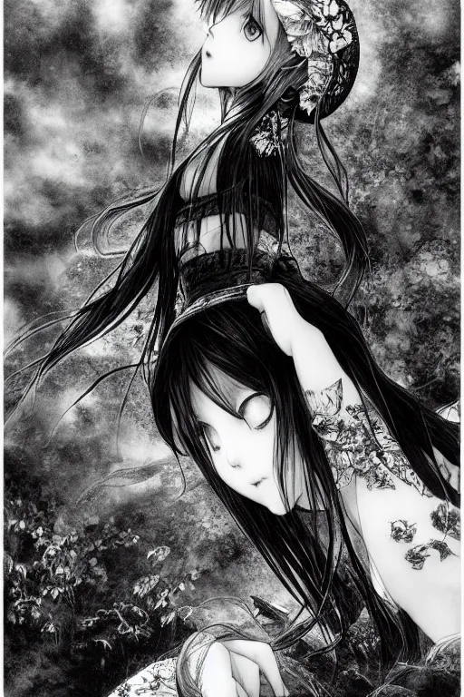 Image similar to a vertical portrait of a character in a scenic environment by Yoshitaka Amano, black and white, dreamy, dark eyes, wavy long black hair, highly detailed