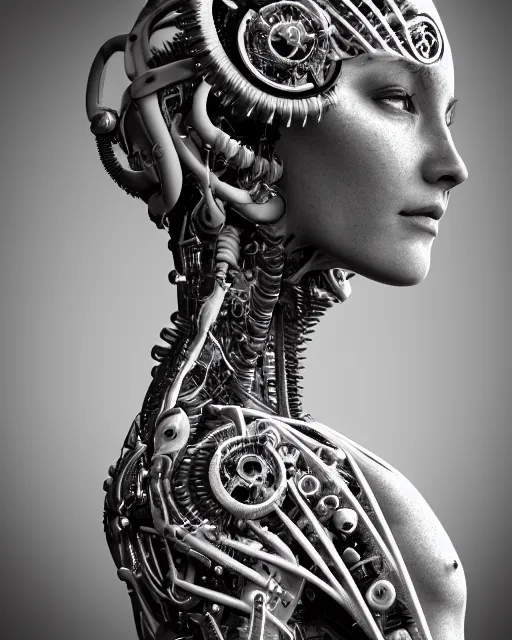 Image similar to mythical black and white organic bio-mechanical spinal ribbed profile face portrait detail of mechanical beautiful female angelic-vegetal-cyborg, highly detailed, intricate steampunk ornate, poetic, 3D render, digital art, octane render, 8K artistic photography, photo-realistic, by Dora Maar