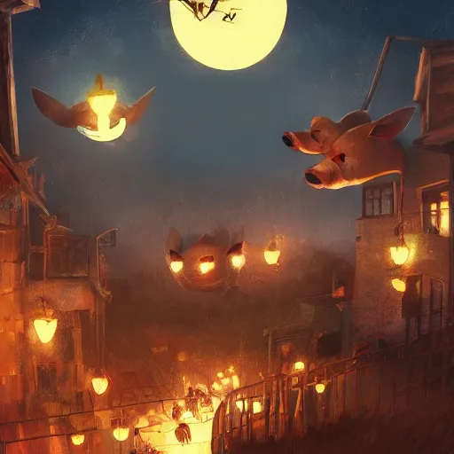 Prompt: this place is truly beautiful and the atmosphere is buzzing the town lights are glowing particularly brightly tonight all these pigs look beautiful, trending on artstation,