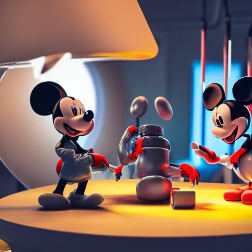 Prompt: a cybertronic mickey mouse being dissected by a group of network executives, on an operating table, octane render, beeple, cgstation, 3 d render, very detailed, mindblowing