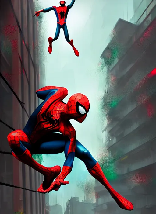 Image similar to spider - man jumping from building, red and green hour, by ismail inceoglu