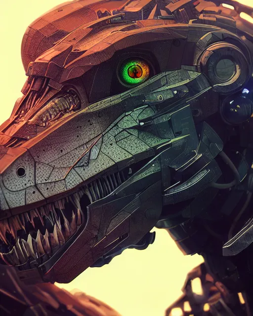 Prompt: mecha male t rex portrait, cyborg, intricate mechanical body, robot eyes, hyper realistic 3 d render by jonas roscinas, peter mohrbacher, greg rutkowski, ryohei hase, dramatic lighting, intricate, highly detailed, sharp focus, luminous, unreal engine, blender, artstation, masterpiece, ray tracing