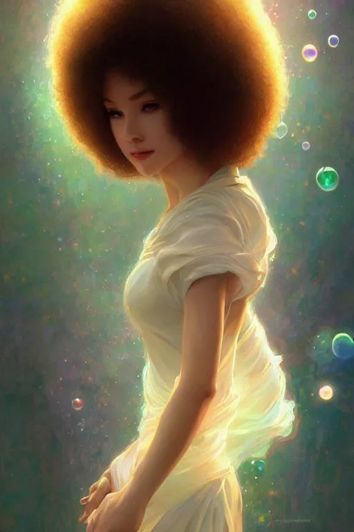 Image similar to bob ross android, dreamy and ethereal,, fantasy, intricate, elegant, rainbow bubbles, highly detailed, digital painting, artstation, concept art, smooth, sharp focus, illustration, art by artgerm and greg rutkowski and alphonse mucha