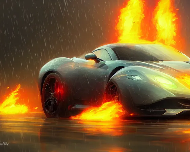 Image similar to sports car heavy rain fire, deep focus, d & d, fantasy, intricate, elegant, highly detailed, digital painting, artstation, concept art, matte, sharp focus, illustration, hearthstone,