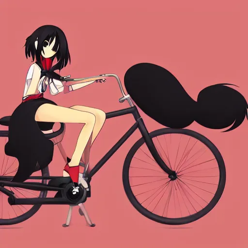 Image similar to Anime girl black hair tail dark skin with old bicycle trending on artstation