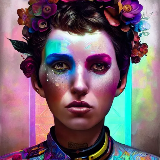 Image similar to Lofi cyberpunk portrait beautiful woman with short brown curly hair, roman face, rainbow, floral, Pixar style, Tristan Eaton, Stanley Artgerm, Tom Bagshaw