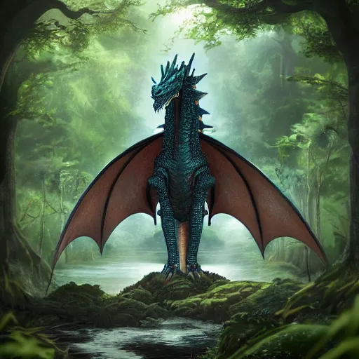 Prompt: a gargantuan dragon idly standing in a forest, peacefully drinking river water, trending on artstation, digital art, 4 k quality