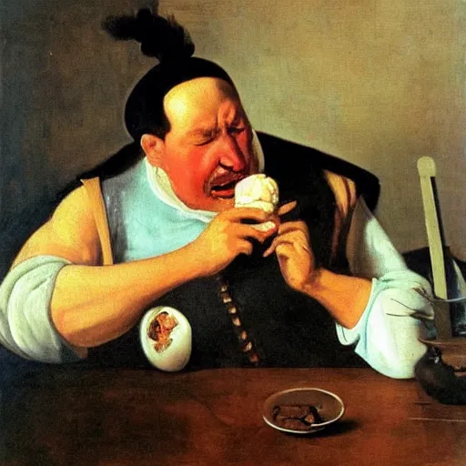 Image similar to a painting of a frustrated painter eating ice cream in diego velazquez style