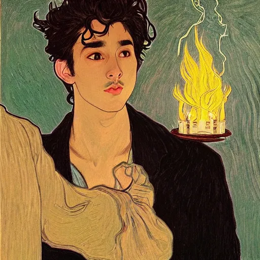 Image similar to painting of young cute handsome beautiful dark medium wavy hair man in his 2 0 s named shadow taehyung and cute handsome beautiful min - jun together at the halloween party, bubbling cauldron, candles, smoke, tarot, autumn colors, elegant, stylized, soft facial features, delicate facial features, art by alphonse mucha, vincent van gogh, egon schiele