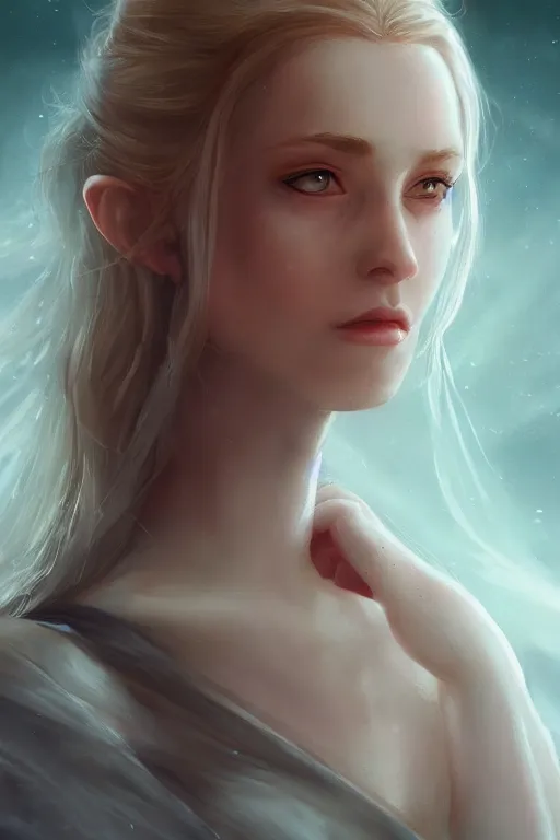 Prompt: concept art portrait of ethereal beauty, smooth porcelain skin, goddess, elegant dress, in the style of the lord of the rings, cinematic colors, high details, sharp focus, artstation, gorgeous hair, 8 k