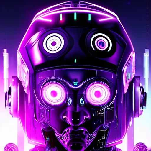 Image similar to Head of a robot with purple glowing eyes in cyberpunk neon Tokyo in style of Tsutomu Nihei. Cyberpunk, vertical symmetry, 8K, Highly Detailed, Intricate.