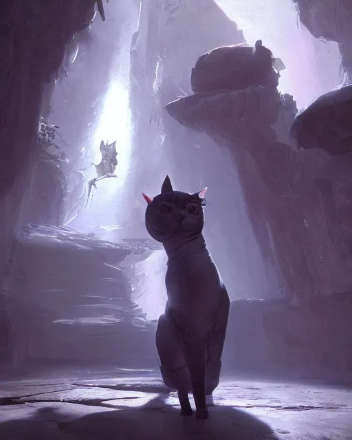 Image similar to a humanoid cat with a sword, Atmospheric beautiful by Eddie mendoza and Craig Mullins. volumetric lights volumetric lights, 8k, hd