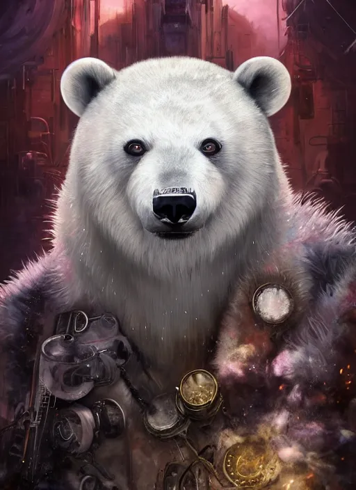 Image similar to white furry polar bear, steampunk googles, highly detailed, unreal engine 5, cinematic, 8 k, by megan duncanson, benjamin lacombe, adrian borda, stanley artgermm, tom bagshaw, craig mullins, carne griffiths, ayami kojima, beksinski, giger, trending on deviantart, hyper detailed, horror, full of colour