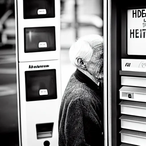 Prompt: B&W photo of an old man looking for help as his hand is stuck in an ATM