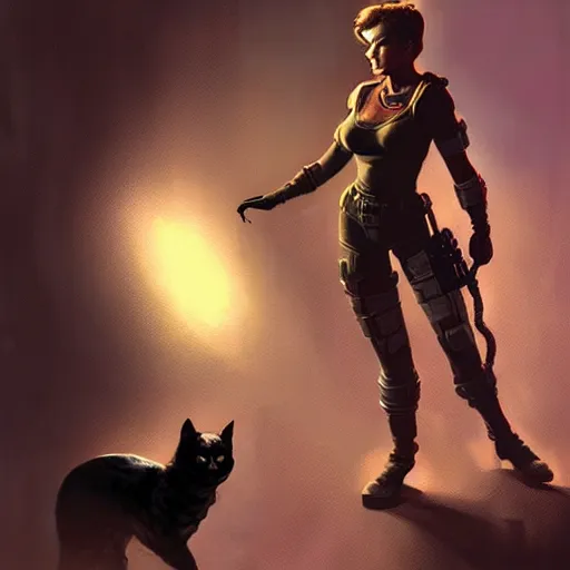 Prompt: fallout 5 concept art, female protagonist and feline companion, atmospheric lighting, painted, intricate, volumetric lighting, beautiful, gritty, rich deep colours masterpiece, sharp focus, ultra detailed by jack kirby, ignacio fernandez rios, thierry doizon