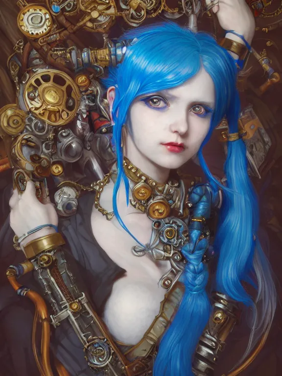 Image similar to a League of Legends FAN ART Portrait of crazy JINX , blue hair, long pigtail, steampunk,neuroticism,intricate, elegant, highly detailed, digital painting, concept art, smooth, sharp focus, illustration, by Laurie Greasley,Lawrence Alma-Tadema,Dan Mumford,artstation,deviantart,Unreal Engine,face enhance,8K,golden ratio,cinematic lighting