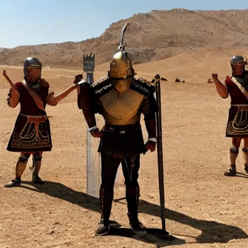 Image similar to joe biden wearing a roman helmet whilest standing infront of a roman army in the desert.