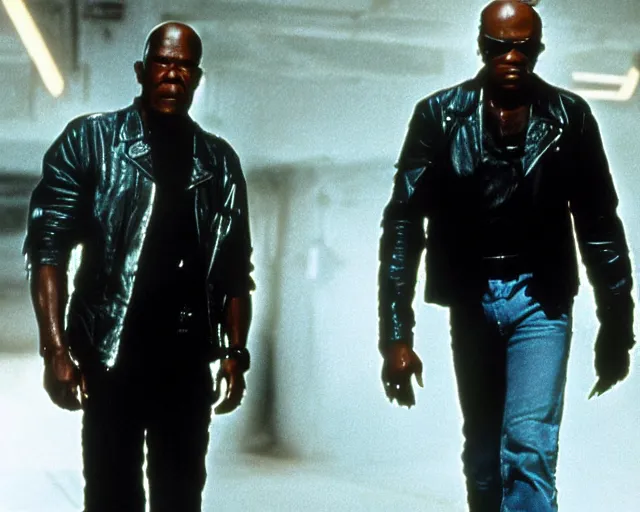 Image similar to Samuel L. Jackson plays Terminator wearing leather jacket and his endoskeleton is visible, epic film