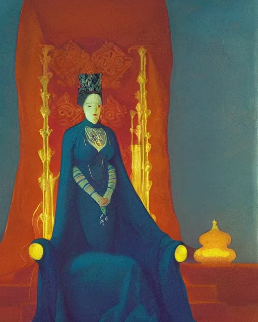 Image similar to an illustration of a queen on a throne at night by johann heinrich fussli, by nicholas roerich, by georgia o keeffe, realistic, detailed, oil painting, 1 9 th