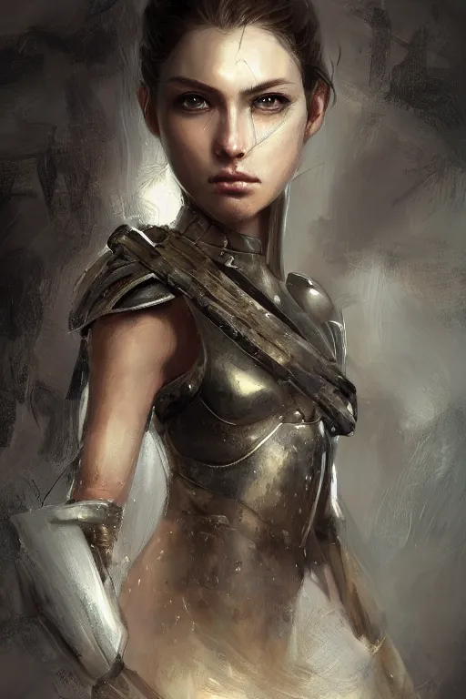 Image similar to a photorealistic painting of an attractive young girl, partially clothed in battle armor, olive skin, long dark hair, beautiful bone structure, perfect eyes, symmetrical facial features, intricate, elegant, digital painting, concept art, illustration, sharp focus, minimal artifacts, from Metal Gear, in the style of Ruan Jia and Mandy Jurgens, by Greg Rutkowski, trending on Artstation, award winning