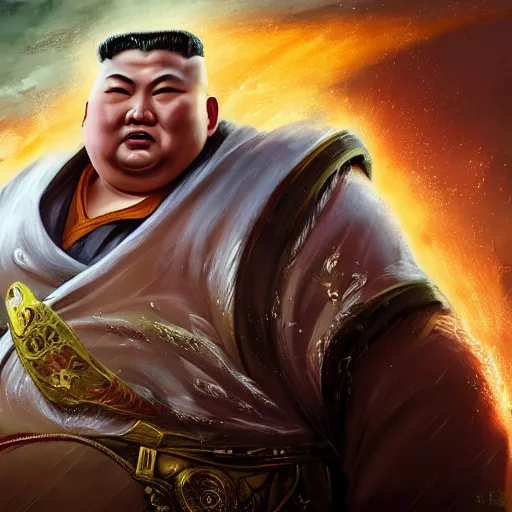 Image similar to portrait of kim - jong un as buddha, league of legends amazing splashscreen artwork, gears of war, splash art, natural light, elegant, photorealistic facial features, intricate, fantasy, detailed face, atmospheric lighting, anamorphic lens flare, cinematic lighting, league of legends splash art, hd wallpaper, ultra high details by greg rutkowski