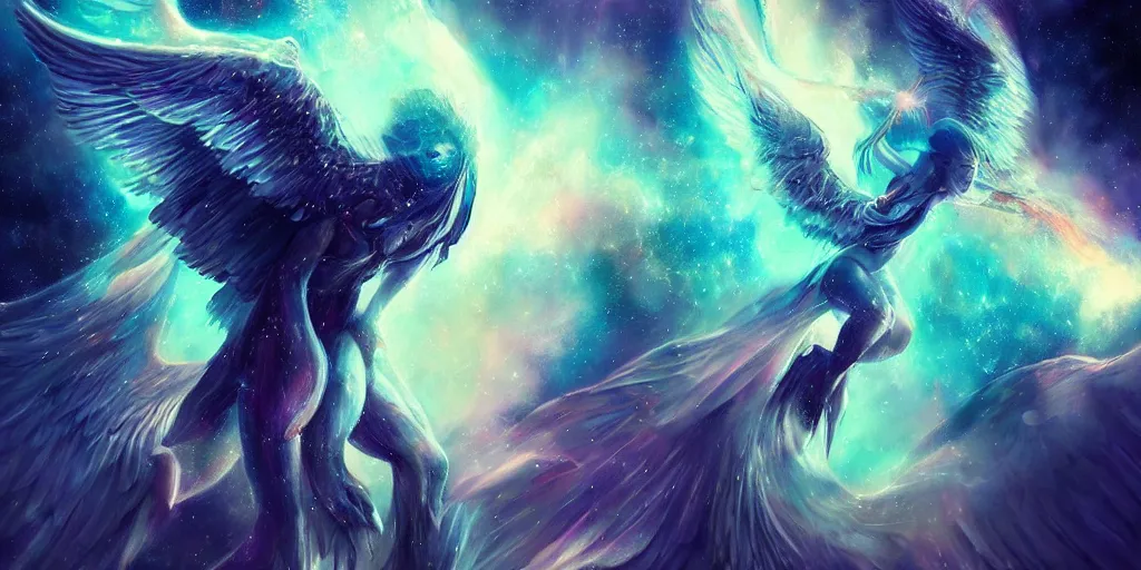 Image similar to a cosmic winged beast with majestic nebula wings, concept art, digital illustration, trending on artstation, deviantart, artgerm, epic composition, masterpiece, highly detailed, advanced technique, ambient lighting, wlop, ross draws