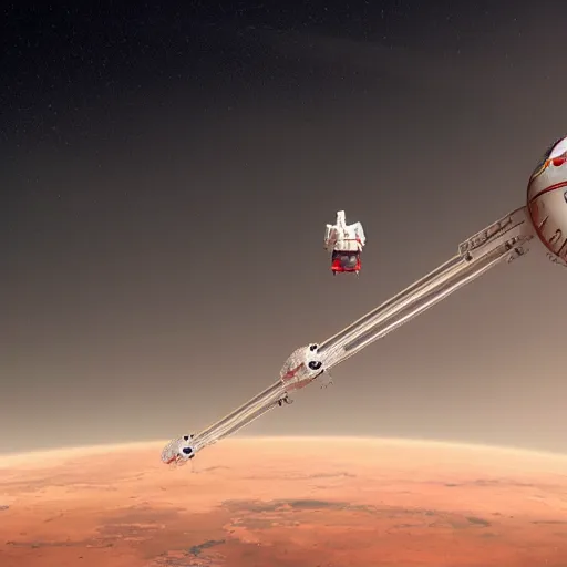 Image similar to two white very long intricate spacecraft with minor red details, flying in formation above the surface of mars, highly detailed, photorealistic, cinematic, sci-fi, octane render, bird\'s eye view