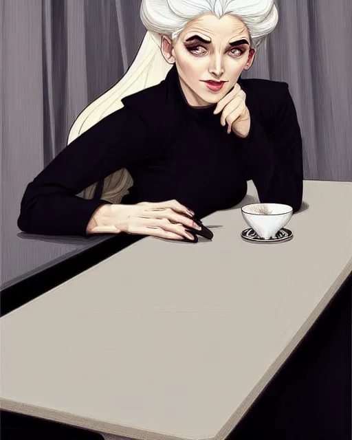 Prompt: a beautiful woman with white hair wearing a black dress is sitting at a table drinking a cup of tea, skeleton fingers, beautiful face, beautiful eyes, elegant, beautiful, natural light, trending on artstation, style artgerm, joshua middleton and alphonse mucha