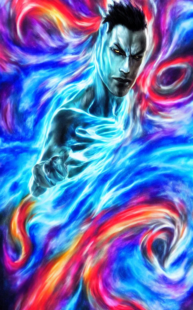 Prompt: a rainbow blue djinn in the style of Tekken blue and white night dramatic airbrushed clouds over black background, airbrush fantasy