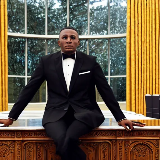 Image similar to professional portrait of dababy in the oval office, wearing a black suit,