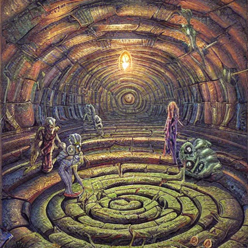 Image similar to a hyper realistic painting of an alien labyrinth, by ralph horsley, highly detailed, vivid color,