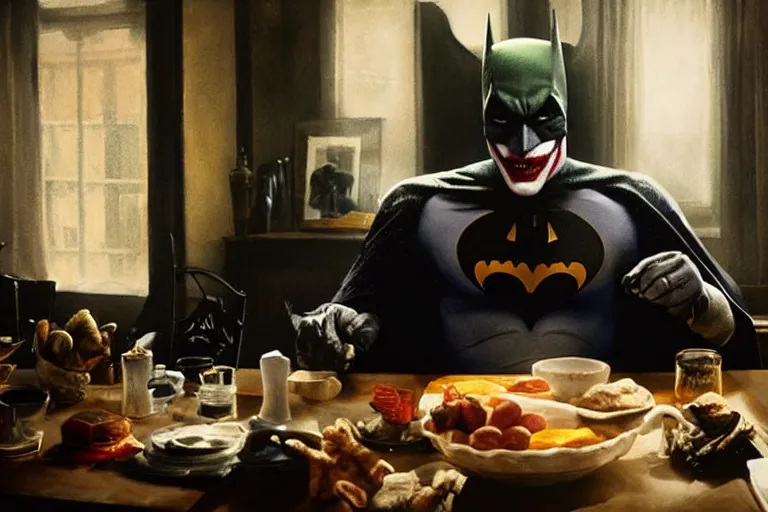 Image similar to morning light, highly detailed portrait of Batman eating breakfast, the head of the joker is placed on the table, atmospheric lighting, masterpiece, award winning painting by Emmanuel Lubezki