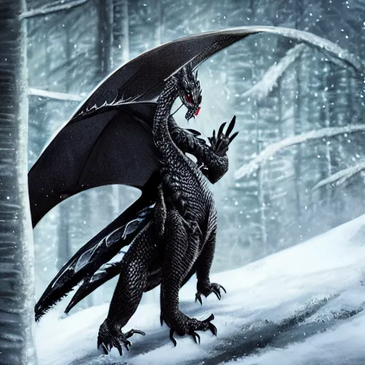 Image similar to handsome cute black dragon in snowy forest, dnd character, background focus, fantasy, magic, realistic textured skin, hawk feather, hawk wings, lizard legs, lizard pose, big eyes, clear clean, by lya kushinov, Avetetsuya Studios, Alexandra Fomina artstation, by Makoto Shinkai, digital 2D, matte painting