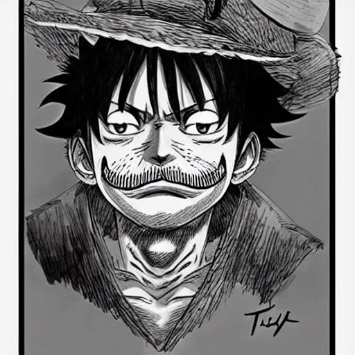 Image similar to [ luffy mustache ] ( by kim jung gi ) ( by kentaro miura ) ( by takao saito ) ( manga concept art )
