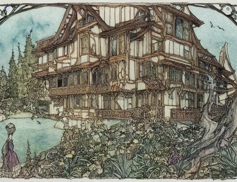 Prompt: a detailed, intricate watercolor and ink illustration with fine lines of the view from the river of an art nouveau swiss chalet, by arthur rackham and edmund dulac and lisbeth zwerger