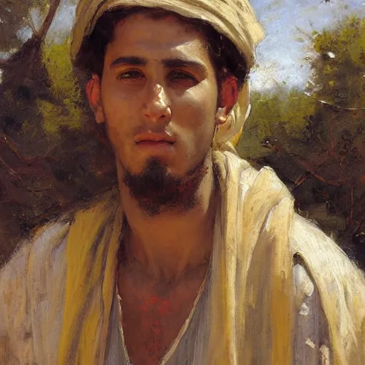 Image similar to Solomon Joseph Solomon and Richard Schmid and Jeremy Lipking Middle eastern genre painting portrait painting of a 17 year old handsome Mediterranean skinned man in colorful ancient Canaanite tunic, field background