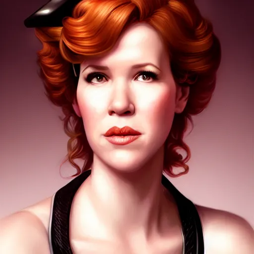 Prompt: a portrait digital painting of molly ringwald as a medieval bar maid in a tavern at night. painted by artgerm, ross tran.